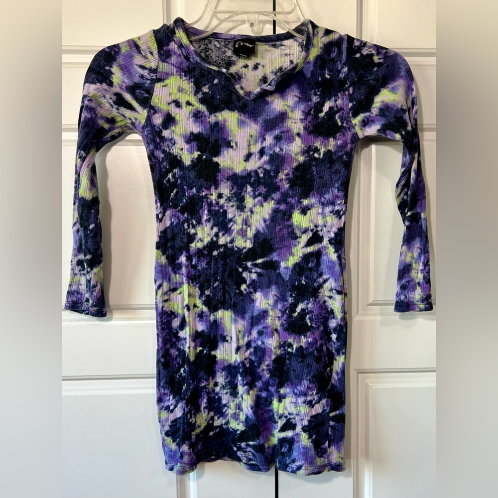 Art Class Bodycon Dress Ribbed Purple‎ Tie Dye Long Sleeve Mini Size S 6/6X